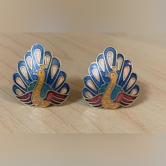 Vintage Cloisonné Peacock Clip On Earrings Blue Pink - Picture 1 of 5